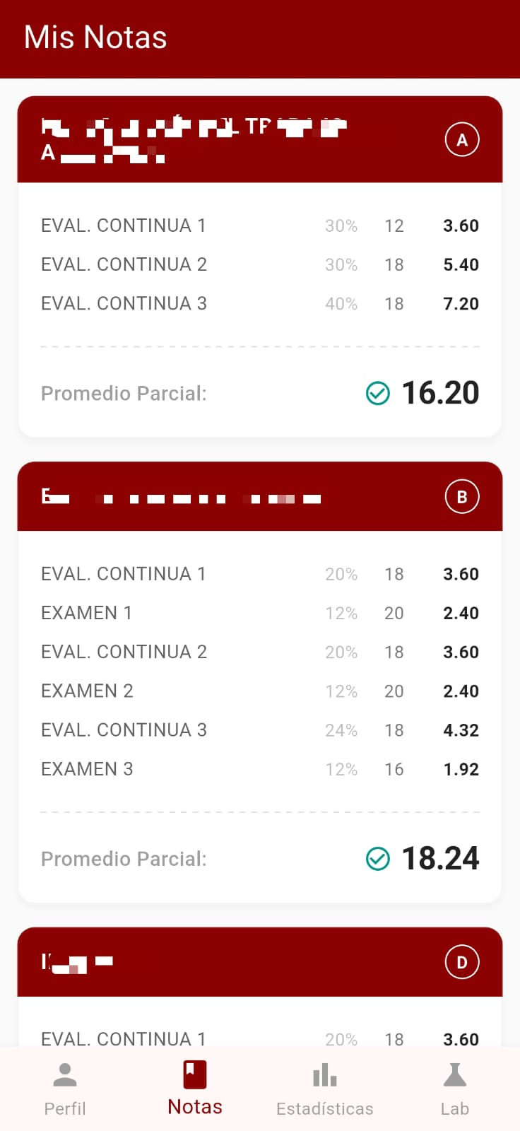 Pantalla de notas y calificaciones