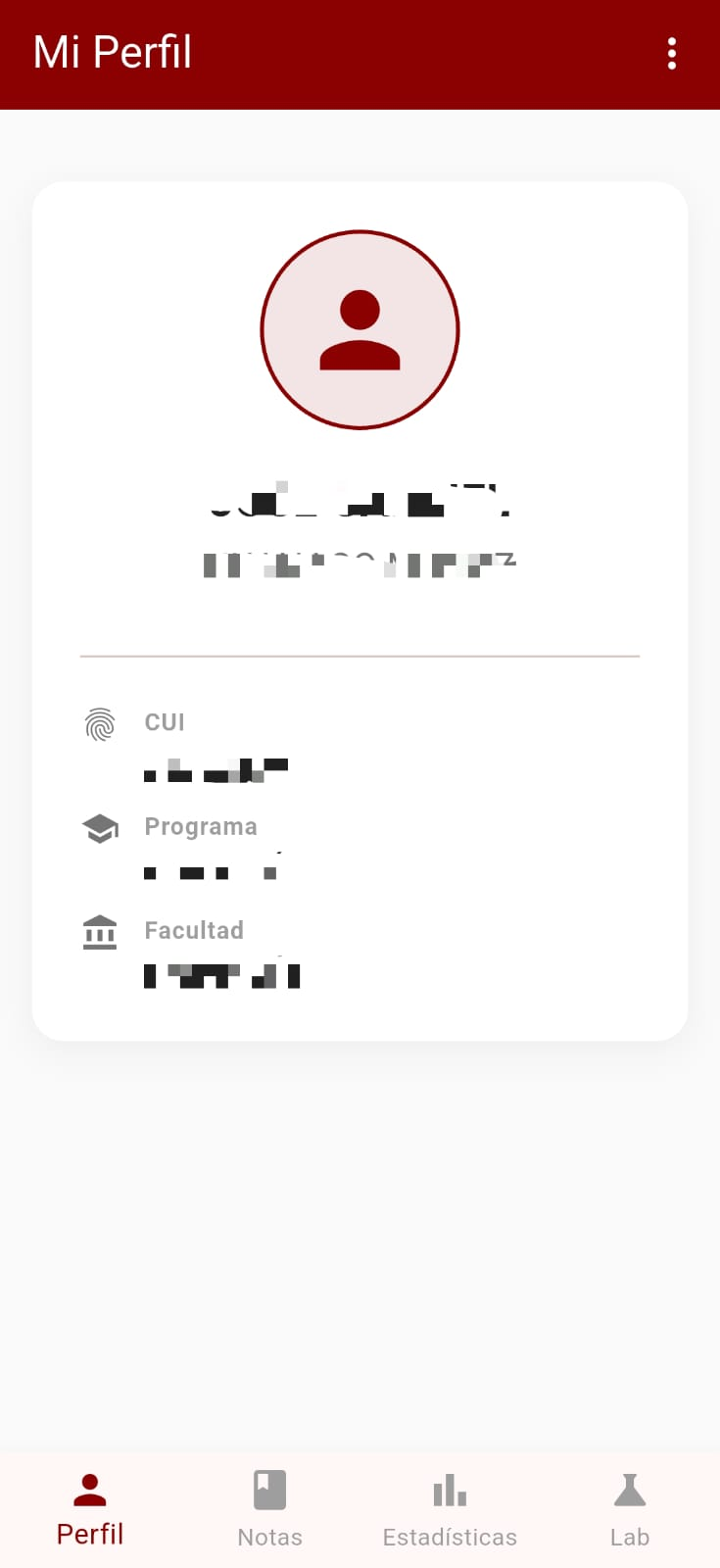 Pantalla de perfil académico UNSAP
