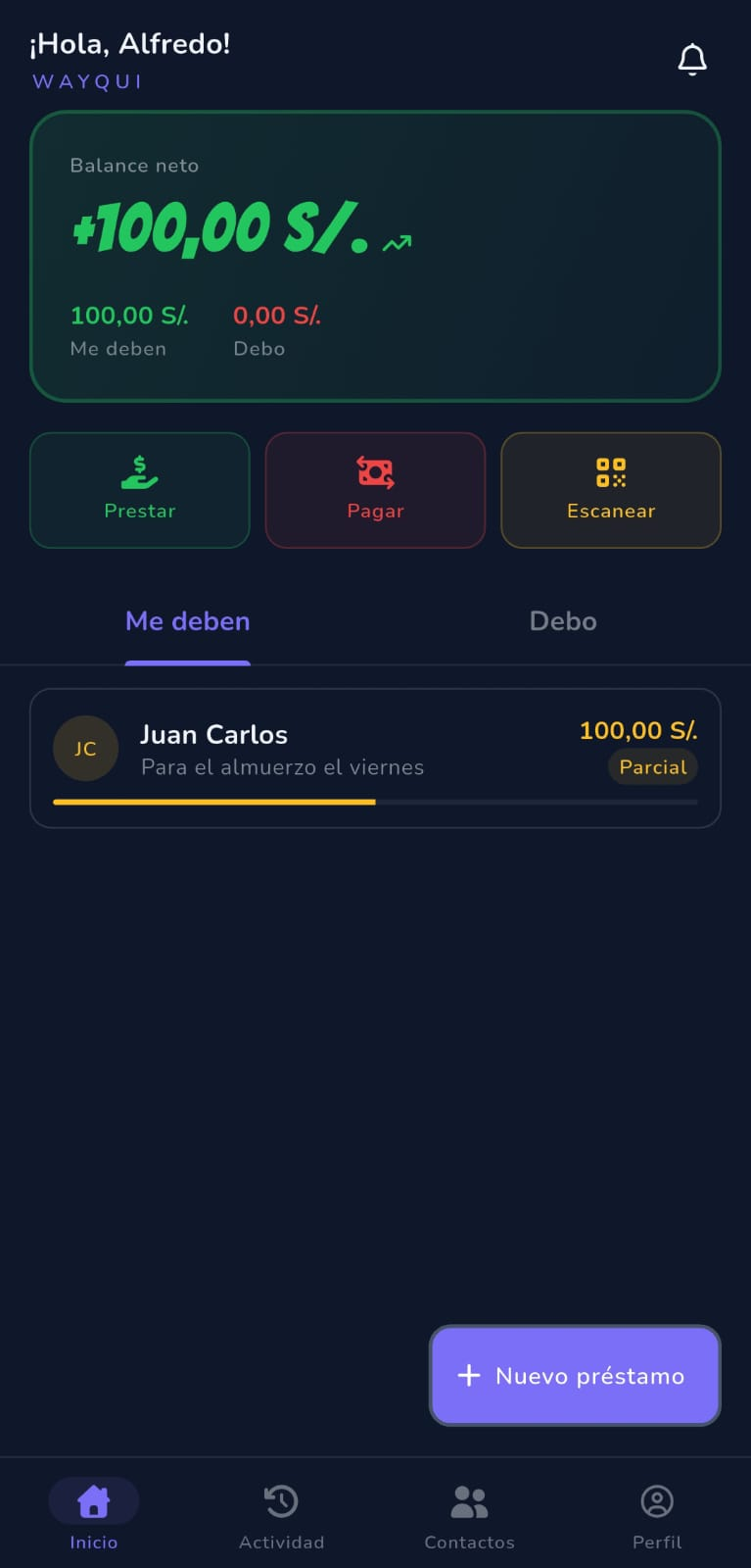 Pantalla de inicio de Wayqui mostrando balance y lista de préstamos