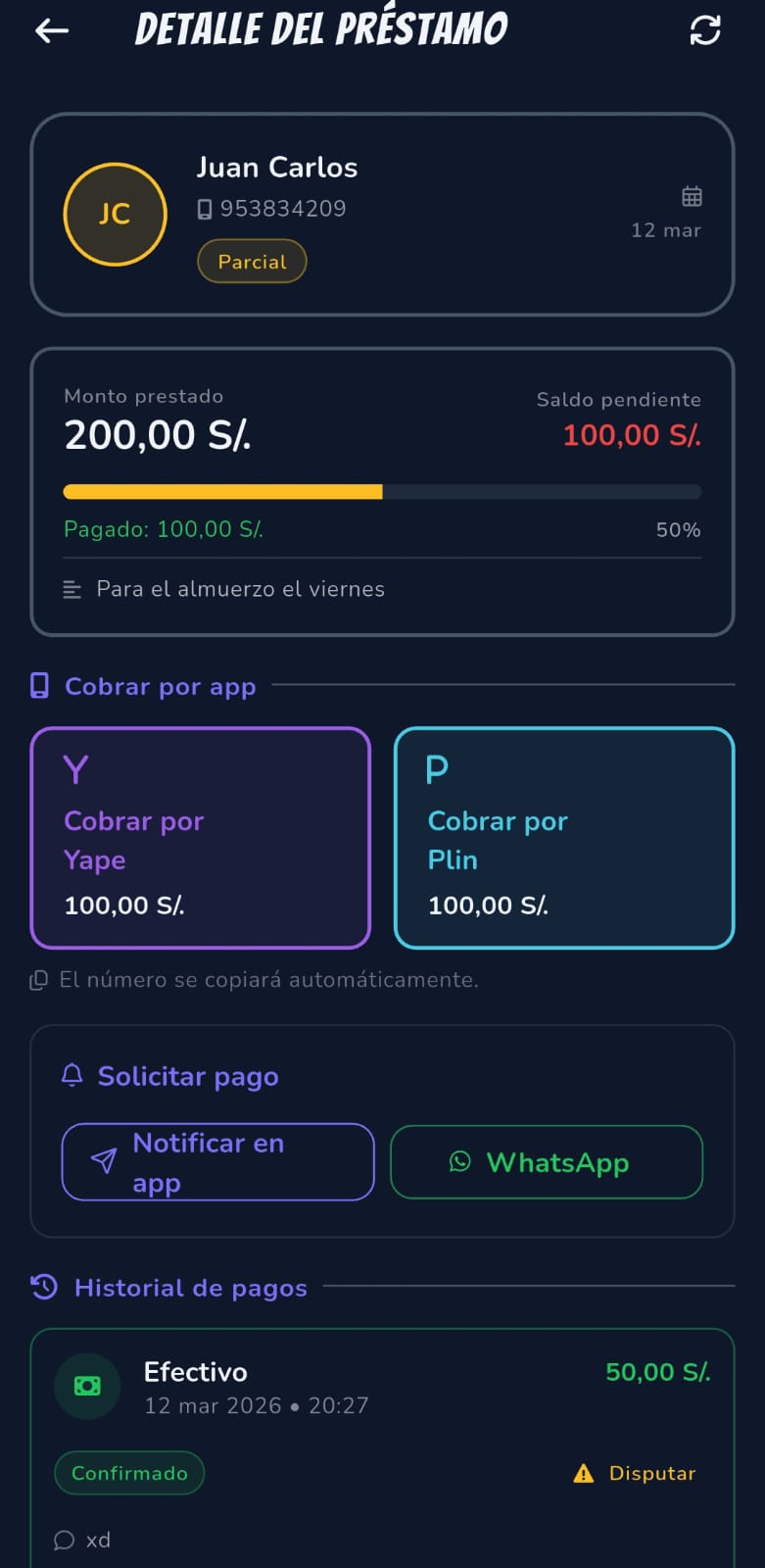 Detalle de préstamo con progreso, Yape/Plin e historial